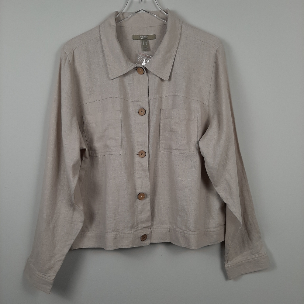 Tan Flax Linen Blend Long Sleeve Button Front Lightweight Shirt Jacket Size L